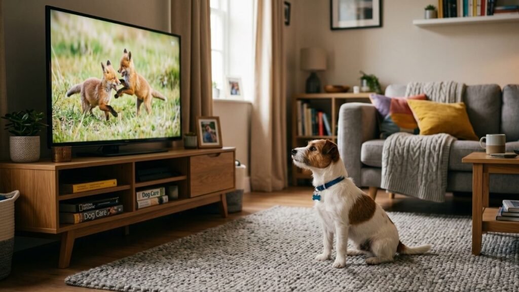 petit chien regardant la tele avec attention