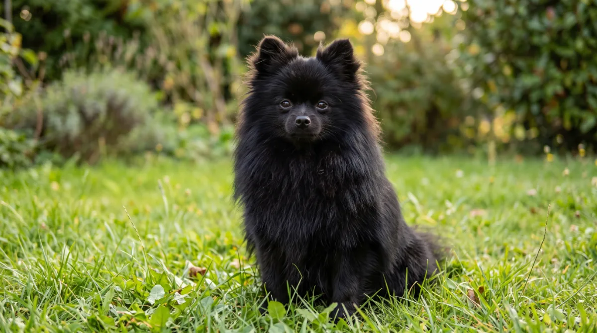 Spitz nain noir adulte assis dans l’herbe.